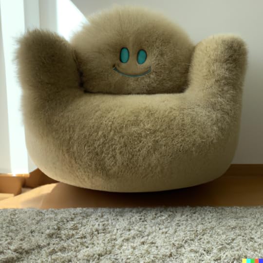 A fluffy smiling living room chair created using DALL-E