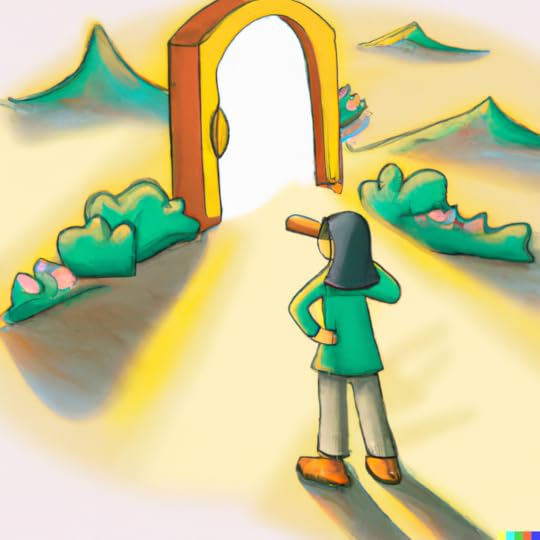 A colorful drawing of a curious woman about to embark on a curious journey looking at an open door.