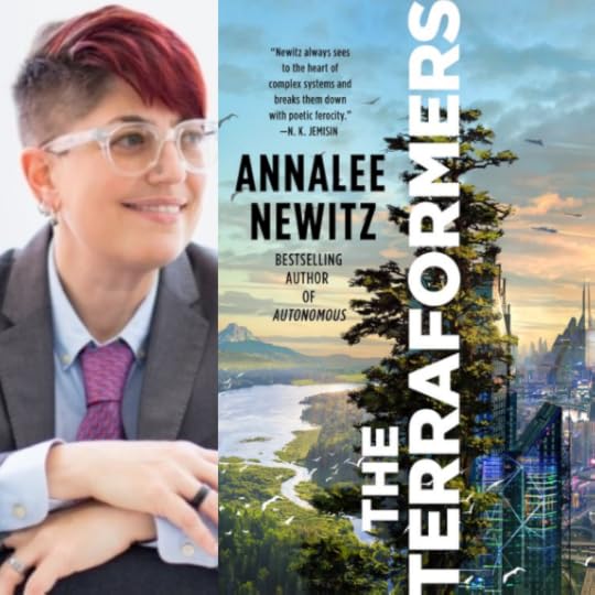 A collage image with Annalee Newitz on the left and the cover of The Terraformers on the right.