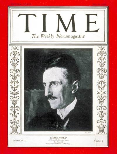 Nikola Tesla on the cover of Time Magazine for his 75th birthday, 20 July 1931 (public domain via Wikipedia)