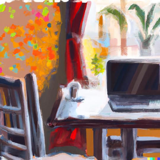 An abstract painting of a laptop in a cozy cafe on a sunny day created using DALLE
