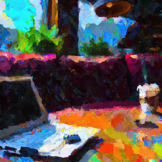 An abstract painting of a laptop in a cozy cafe on a sunny day created using DALLE