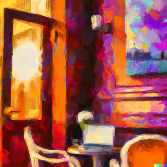 An abstract painting of a laptop in a cozy cafe on a sunny day created using DALLE
