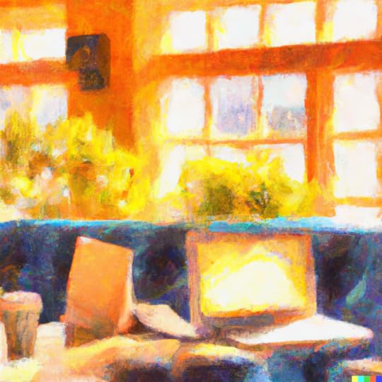 An abstract painting of a laptop in a cozy cafe on a sunny day created using DALLE