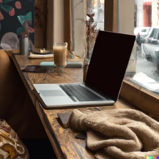 A photo of a laptop in a cozy cafe created using DALLE