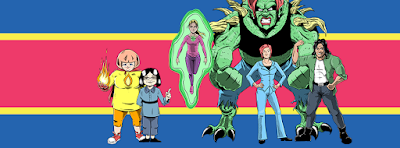 a blue and red striped banner with cartoon versions of the Menopausal Superheroes posed in front