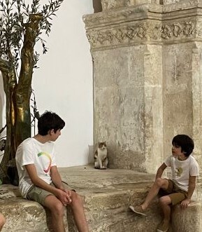 A cat and two boys in Jerusalem's Upper Room.