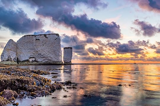 Old Harry Rocks at sunset, color on water