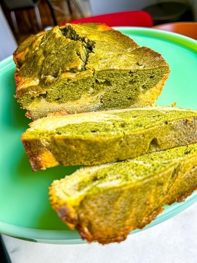 sliced marble matcha pound cake