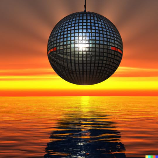 An image of a disco ball sun setting over the ocean created using DALLE