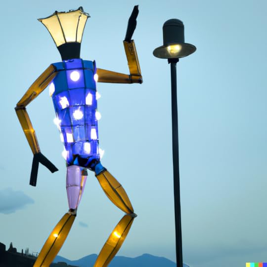 A giant dancing robot in the shape of a streetlight created using DALLE