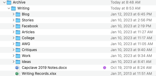Inside my Writing folder in my archive