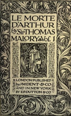 A man handing a scroll stands in the middle of an ornate garden. Around that image is the title of the book and the name of the publisher. The text is designed to look like medieval calligraphy. This is framed by ornate scrollwork that extends to the outer edges of the book cover. The whole cover is designed in two colours; sepia and black.