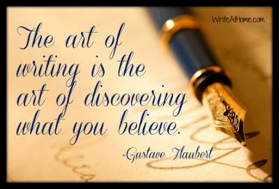 a quote on a golden background with an old fashioned pen in the corner. The quote reads: The art of writing is the art of discovering what you believe. Gustave Flaubert.