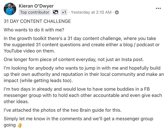 A screen shot of a Facebook post in which a gym owner asks others to join him in making 31 media posts in 31 days.