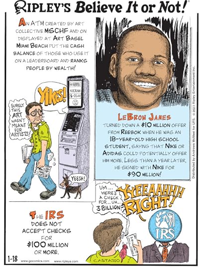 1. An ATM created by art collective MSCHF and on displayed at Art Basel Miami Beach put the cash balance of those who use it on a leaderboard and ranks people by wealth! 2. LeBron James turned down a $10 million offer from Reebok when he was an 18-year-old high school student, saying that Nike or Adidas could potentially offer him more. Less than a year later, he signed with Nike for $90 million! 3. The IRS does not accept checks for $100 million or more.