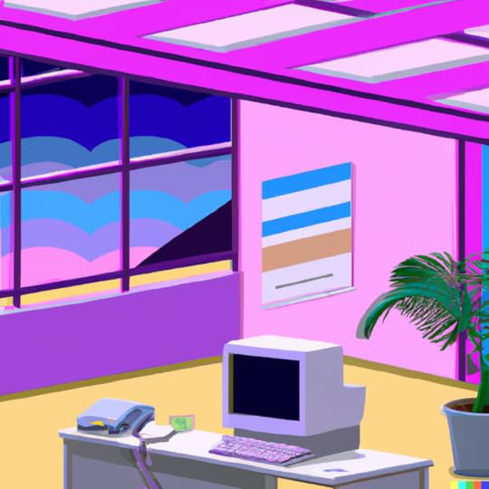 An office from the 1980s in the style of vaporware created using DALL-E