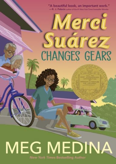 Brightly colored cover of book, which shows a young woman sitting next to a bicycle as a smiling older couple looks on