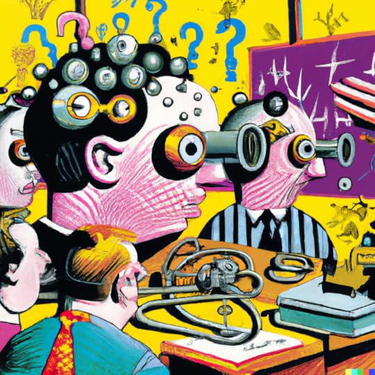 An illustration of curious minds at work by Alan Aldridge created using DALLE