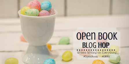 Image of a white bowl full of pastel jelly beans and the slogan: Open Book Blog Hop
