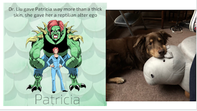 two images side by side. on the left is a large reptilian woman flexing her muscles. on the right is a dog.