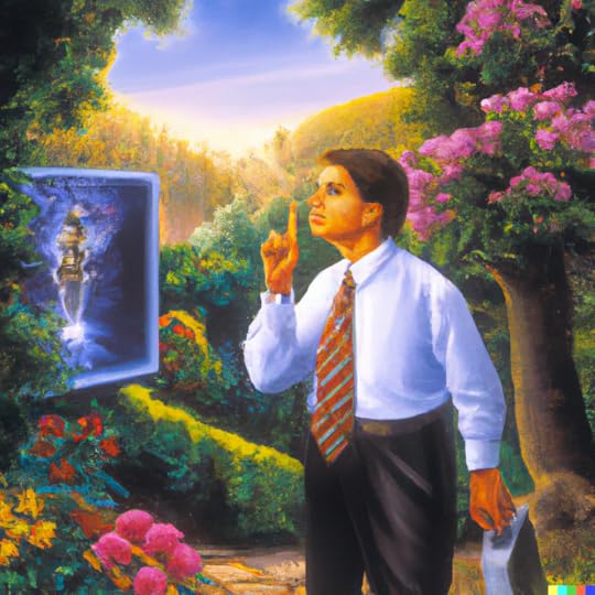 A Thomas Kinkade painting of a person using curiosity to guide Artificial Intelligence created using DALLE