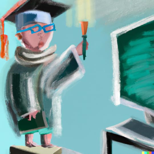 Digital painting of student learning being supported by technology created using DALLE