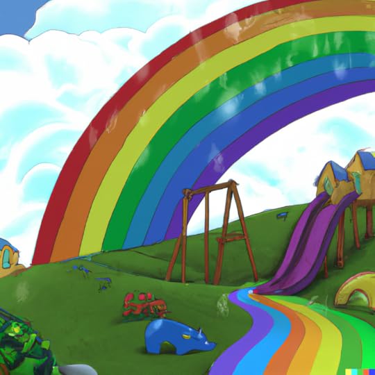 “A storybook image of a rainbow playground” created by DALLE