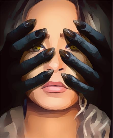 A woman with black monster hands over her face.