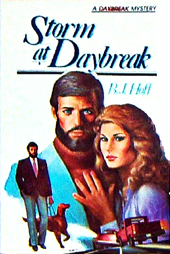 Illustrated book cover shows a serious man and woman standing together, a smaller image of the same man walking with a guide dog, and two vehicles about to crash on the road toward the bottom