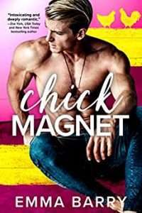 Fairly generic hot shirtless guy against a colourful pink, purple and yellow background. Alas, no chickens.