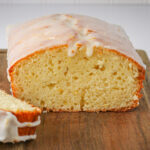 cut side of lemon loaf showing on board.