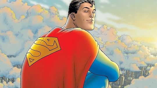 An illustrated Superman sits above the trees and looks over his shoulders
