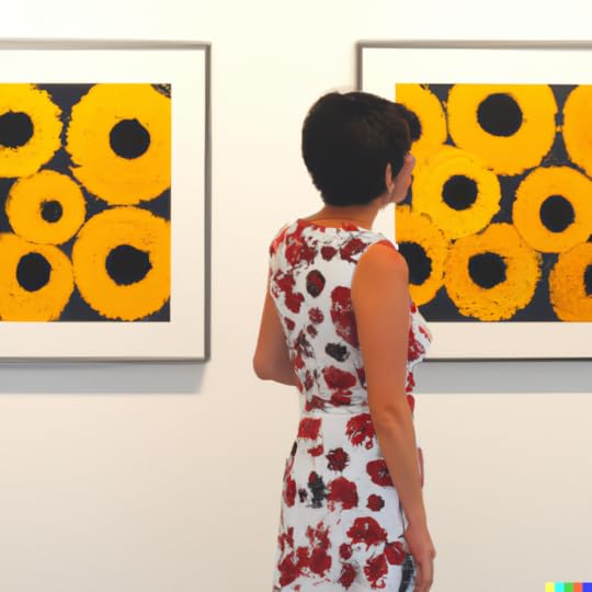 Digital art rendering by the Author and Dall-E of a woman artist in a print dress looking at two digital art creations hanging on a gallery wall.