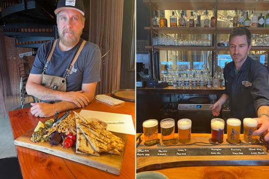 A flgiht of beers at the bar and a sandwich being served at Warfield Distillery and Brewery