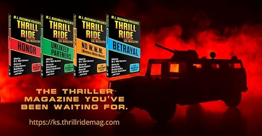 an armored jeep in front of a red explosion alongside the covers for the first four issues of Thrill Ride magazine