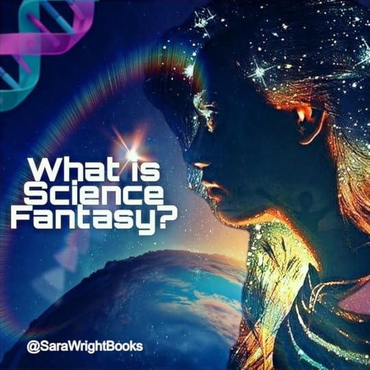 A girl who is silhouetted with stars composing her body. She stands in front of a planet with stars in the background. What is Science Fantasy?