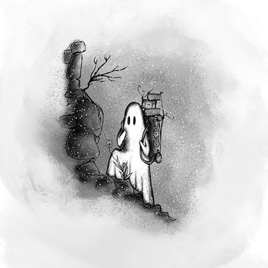 A ghost wearing a backpack climbs a snowy mountain, journeying onward with its pile of books. Illustration by author Stefan Bachmann