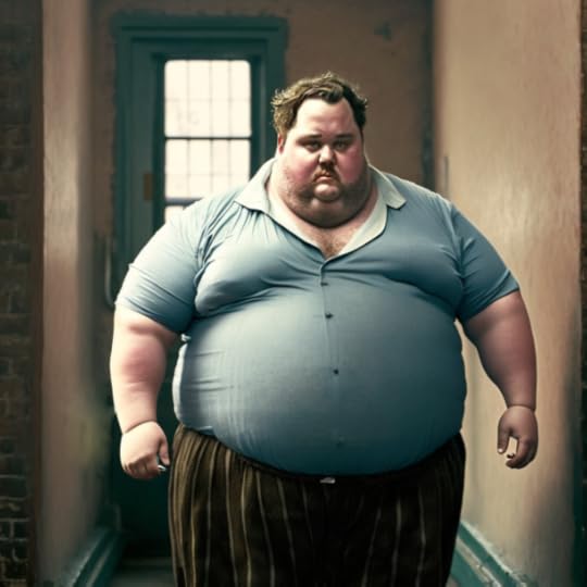 An obese man in a pale green shirt and brown striped trousers walks down a dingy hallway.