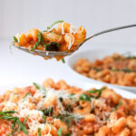 spoonful of pasta over larger bowl of instant pot pasta.