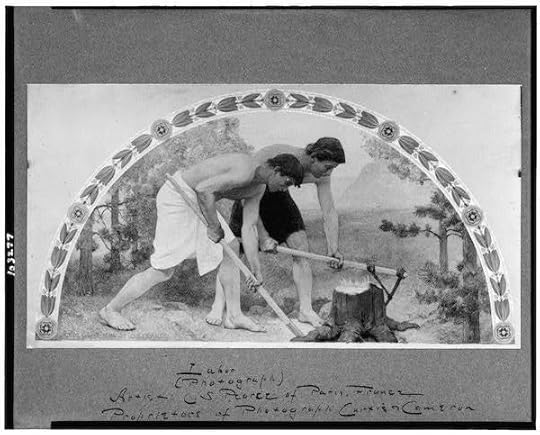 Reproduction of mural in Library of Congress showing two men removing tree stump. 