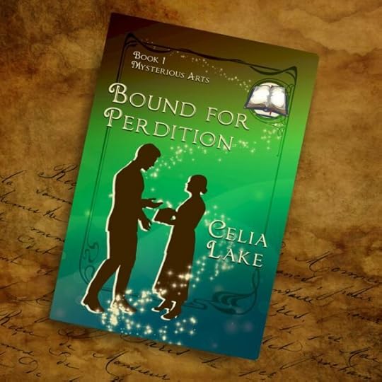 A copy of Bound for Perdition lying on a piece of aged paper with elegant handwriting. The cover of Bound for Perdition has a man and woman silhouetted in dark brown on a green and brown background, with the woman holding a book while the man gestures. An open blank book and pen are inset in the top right corner.