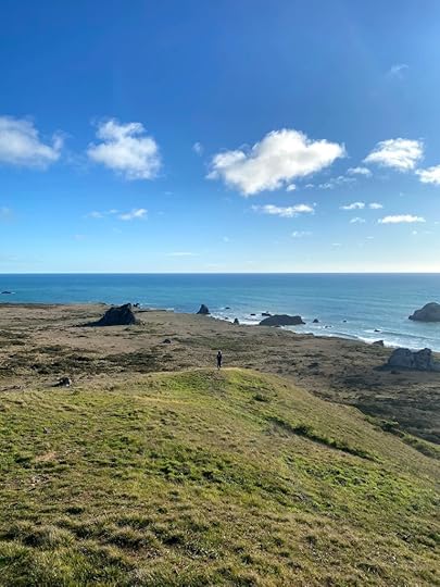 beneath a bright blue sky and white clouds stands a little figure, distant on a green hill overlooking the ocean and scattered dark rocks in the shining sea.