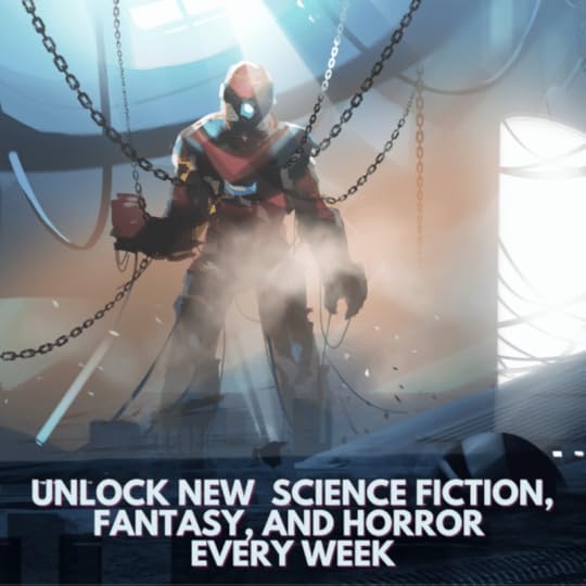 A picture of a giant mecha robot in a cold hanger, with snow coming in the open door. Text on the image reads Unlock new Science Fiction, Fantasy, and Horror Every Week.