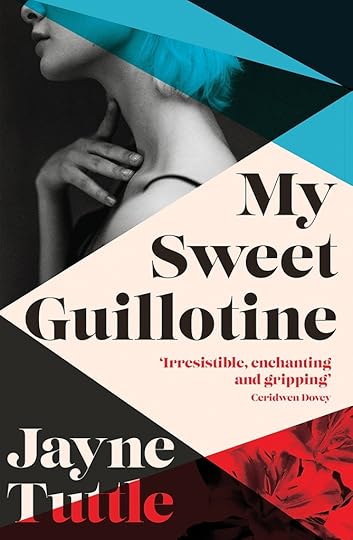 The cover shows a white triangle slicing into the black, creating two more. Red slashes the bottom right corner, a strip of blue like a sword runs from top left to the right at an angle. In the black triangle in the upper left corner is the profile of a woman's face, her thumb touching her neck just below the chin, the rest of her fingers spread along the clavical.