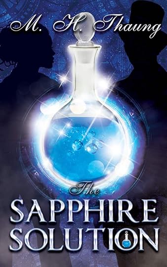 Stopper bottle containing blue liquid. Background silhouettes of a woman in profile and a man with a top hat.