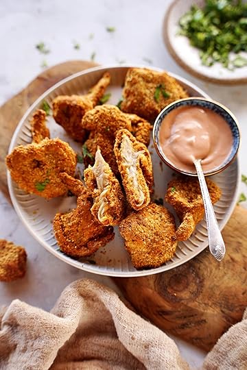 air fried oyster mushrooms on plate with dip
