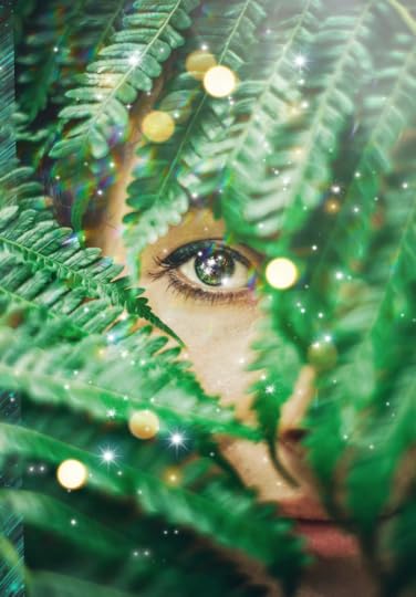 A woman peeking from behind a bush with emerald green eyes and golden powers
