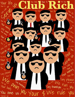 Illustration of men in suits and sunglasses, all pointing guns, with the title 'Club Rich' and various money/power words in the background.