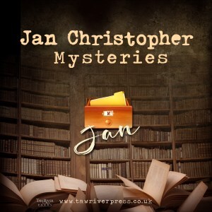 promotional graphic for Jan Christopher mysteries showing library shelves and card index box